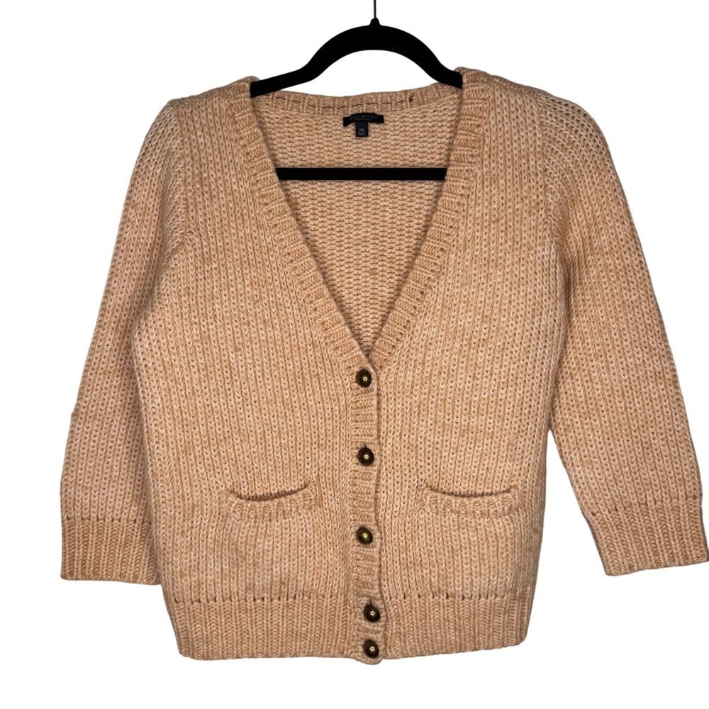 Talbots Oversized XS Tan Chunky Knit V-Neck Button Cardigan Sweater 3/4 Sleeves